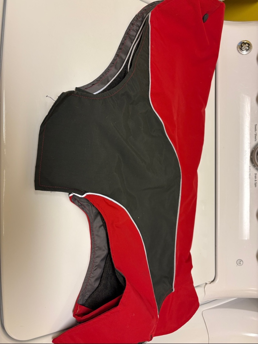 Red and Black Puffer Dog Coat with White Piping